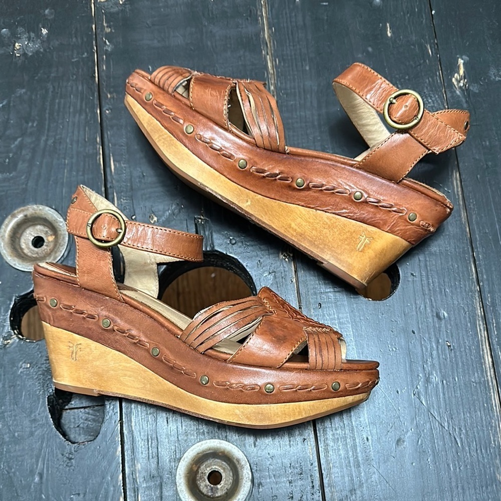 FRYE Carlie Huarache Ankle Brown Leather Wedge Sandals - Picture 6 of 14